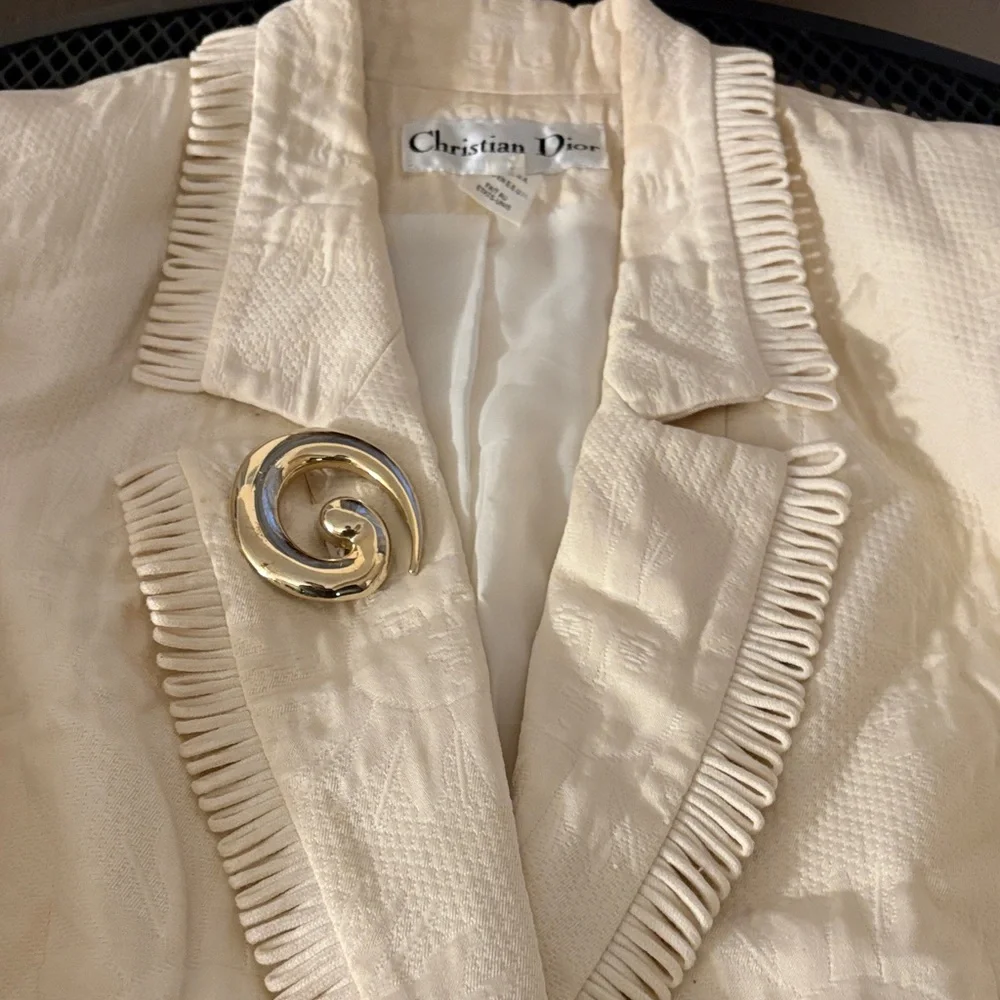 Dior Cream Embroidered Blazer with Gold-tone Brooch
